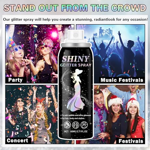 Body Glitter Spray, 60ML Shiny Silver Glitter Spray for Hair Body and Clothes,Long-Lasting Quick-Drying Holographic Ultra Fine Powder Glitter Hairspray for Festival Rave Stage Prom 2.11 Fl Oz