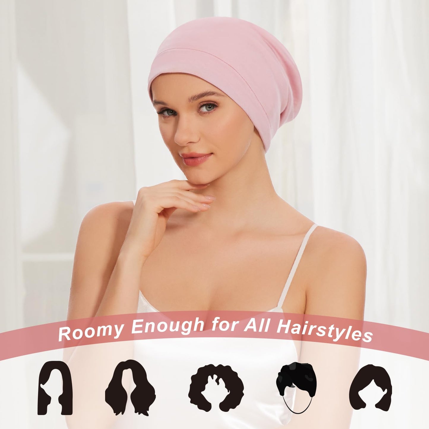 Silk Bonnet for Sleeping Women, Adjustable Silky Satin Lined Sleep Cap, Silk Hair Wrap for Sleep Night Cap for Natural Curly Hair 2PCS(Black&Pink)