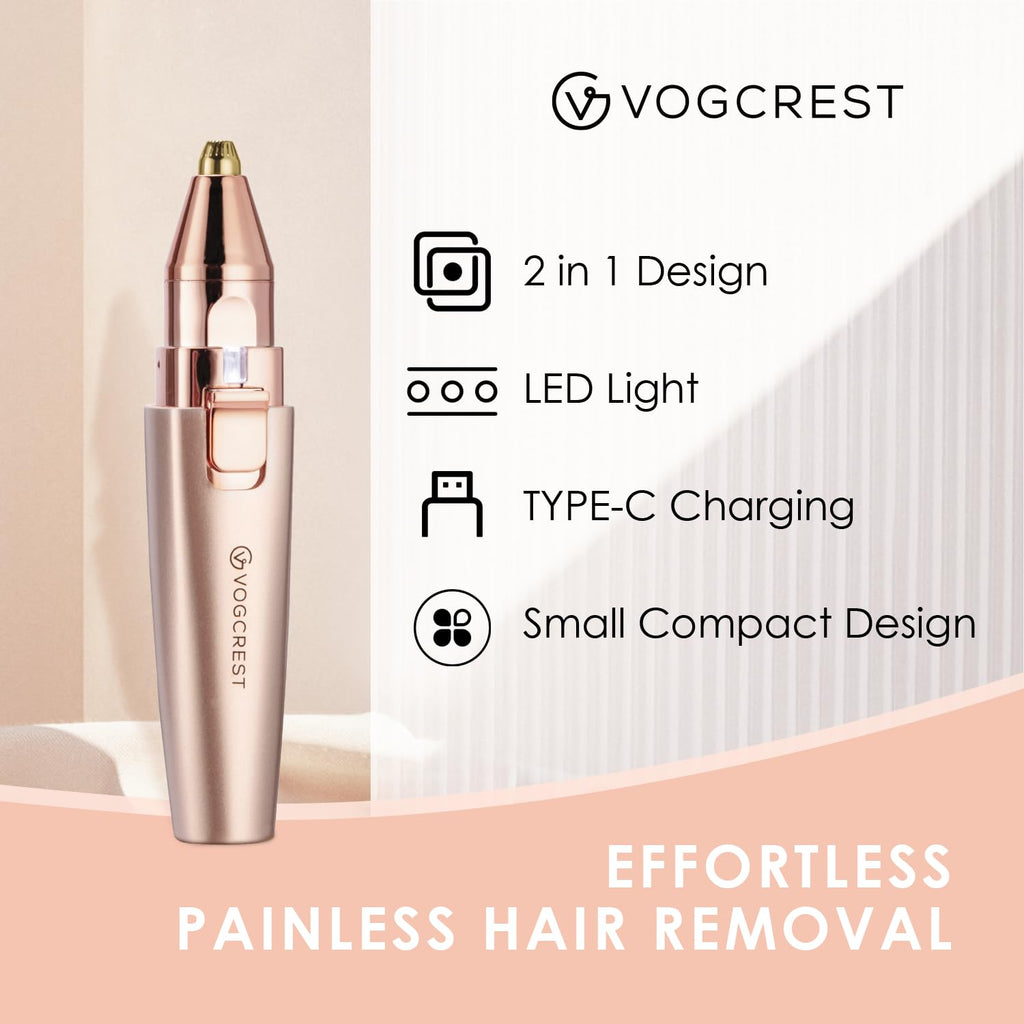 VG VOGCREST Eyebrow Facial Trimmer: 2 in1 Rechargeable Facial Hair Removal and Eyebrow Shaver - Face Lips Body Painless Facial Razor with Built-in LED Light (Rose Gold)