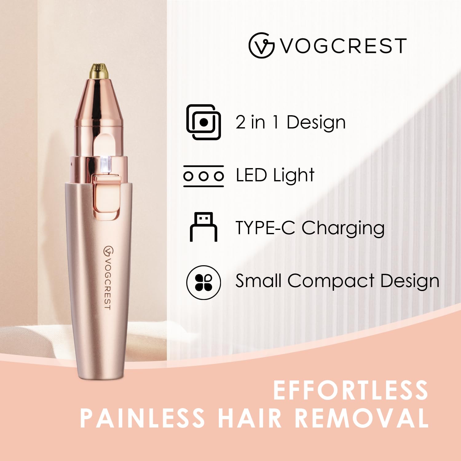 VG VOGCREST Eyebrow Facial Trimmer: 2 in1 Rechargeable Facial Hair Removal and Eyebrow Shaver - Face Lips Body Painless Facial Razor with Built-in LED Light (Rose Gold)
