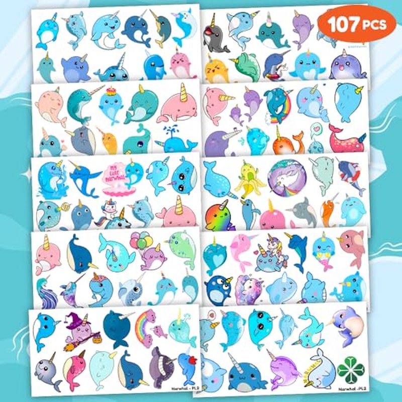 107 PCS Cute Narwhal Temporary Tattoos Themed Birthday Party Supplies Decorations Favors Decor Under The Sea Baby Tattoo Stickers Gifts For Boys Girls Class Prizes Carnival