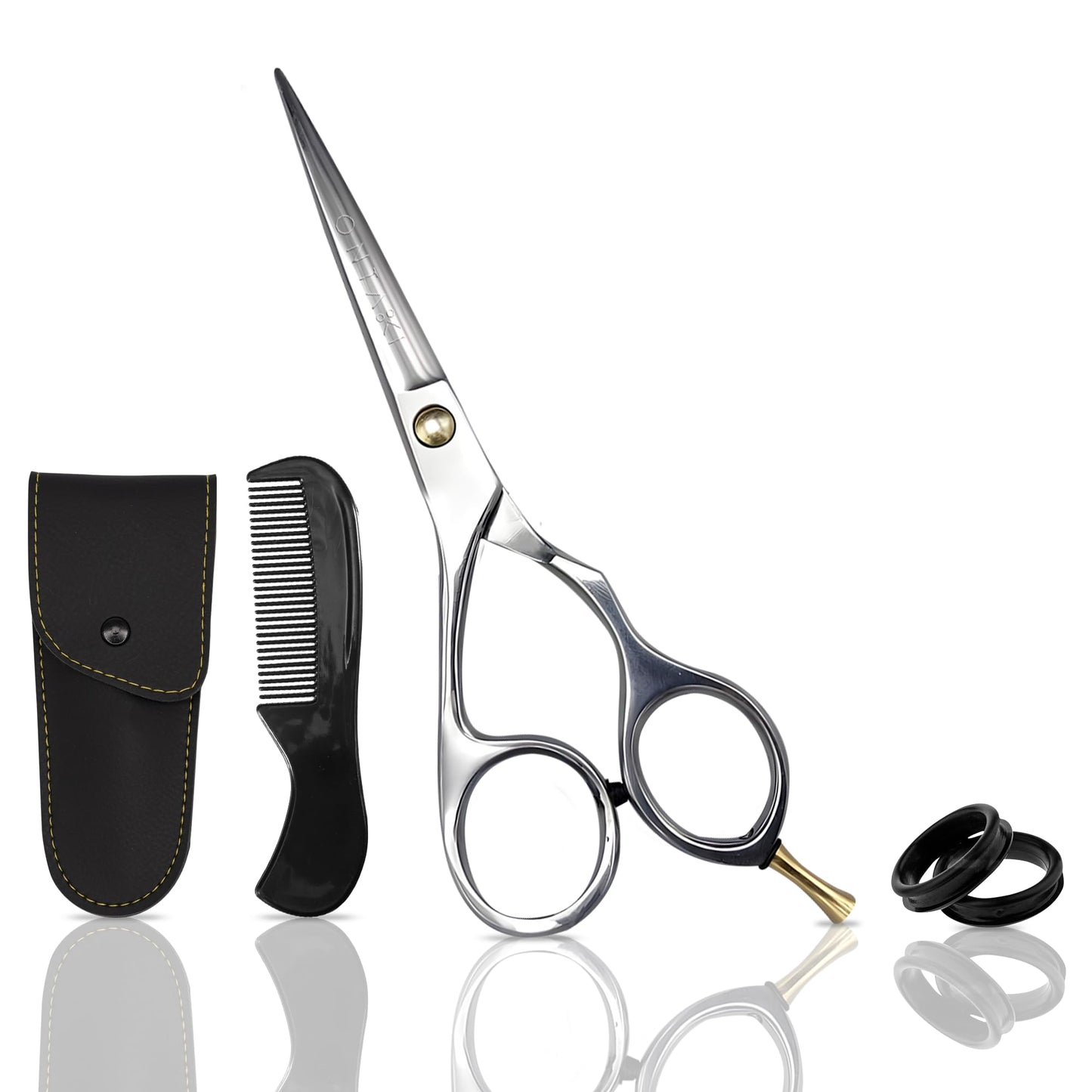 Ontaki Hair Scissors for Beard & Mustache - 5.5" 420C Japanese Steel, Silver, Right Hand - Hand-Forged Hair Cutting Scissors with Ergonomic Handles - Includes Beard Comb with Handle & PU Leather Pouch