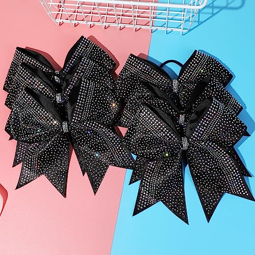 Cheerleader Hair Bows Set - Glitter Black with Rhinestones - 8 Inch, 6 Pack