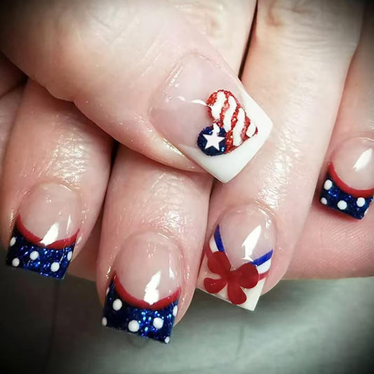 Independence Day Press on Nails Short Square French Tip Fake Nails with Dot Heart Bow Design 4th of July Acrylic Nails Full Cover Glossy False Nails for Women Manicure Decoration, 24PCS