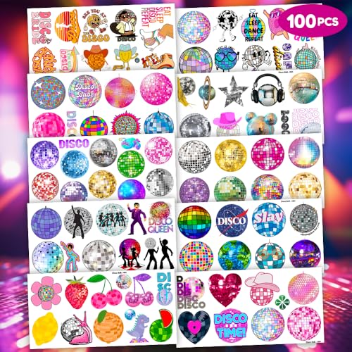 96PCS Disco Ball Temporary Tattoos Themed Birthday Party Decorations Supplies Favors Decor Cute 70s 1970s Dance Dancing Tattoo Stickers Gifts For Kids Girls Boys Prizes Carnival