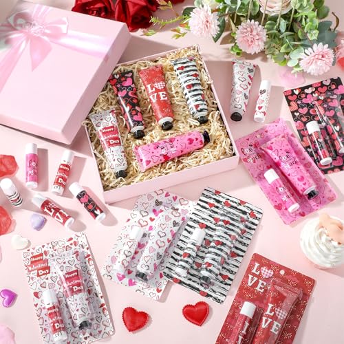 Loopeer 12 Sets Valentine's Day Hand Cream Lip Balm Bulk Gifts Galentine's Day Gift Valentine Party Favor Love Heart Mini Travel Size Moisturizing Hand Lotion for Women Coworker Teacher Nurse, 30 ml