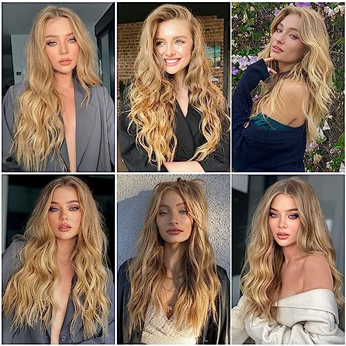 Long Wavy Blonde Wig for Women 26 Inch Synthetic Hair - Middle Part - Blonde
