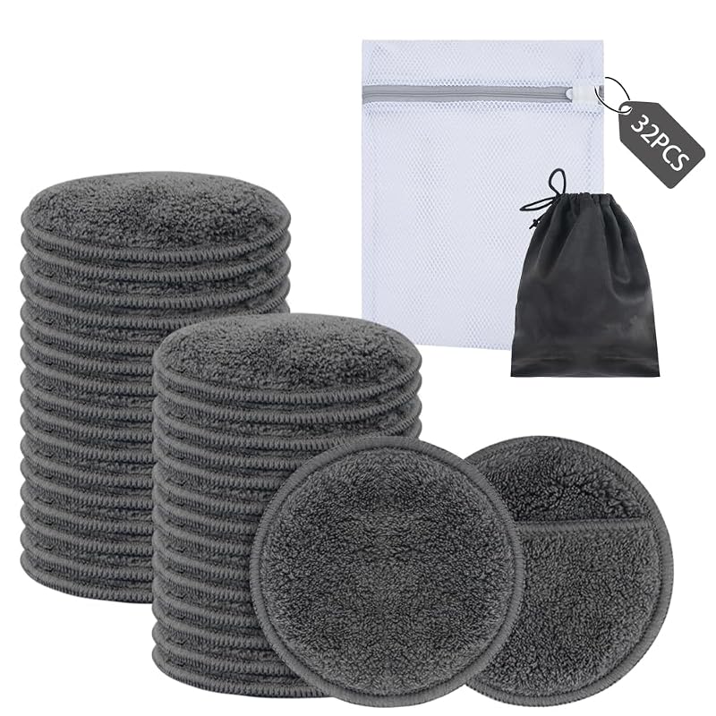 Sunland Reusable Makeup Remover Pads 3.15 Inch Round, 32 Pack with Travel & Laundry Bags - Grey