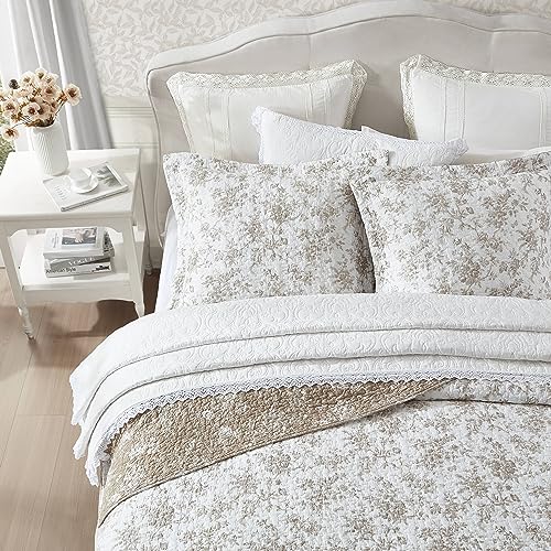 Queen Quilt Set with Matching Shams - Reversible Floral Cotton Bedding - Walled Garden Brown