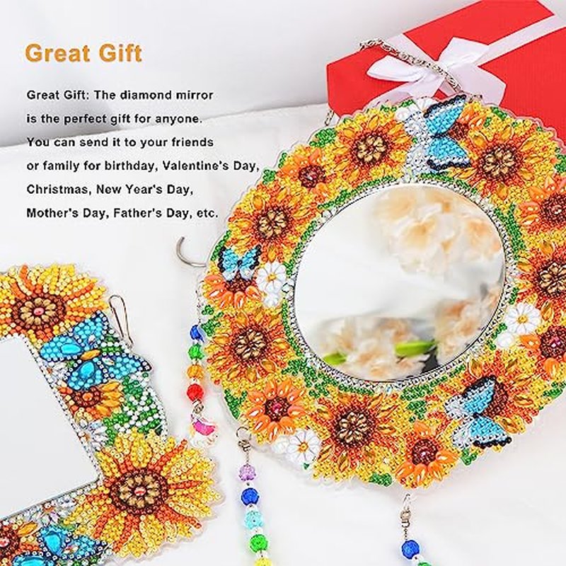 2Pcs Mirror, Sunflower Diamond Makeup Mirror, Special Shaped Crystal DIY Suncatcher for Beginner Arts Crafts Gifts Home Decor