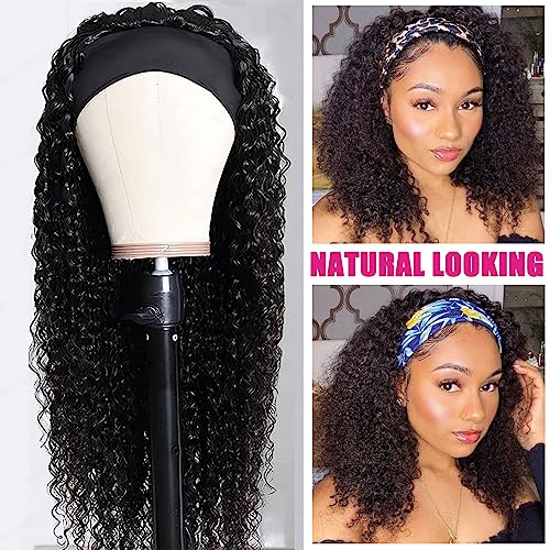 AISI QUEENS Curly Headband Wig Human Hair 16 Inch Natural Black for Black Women