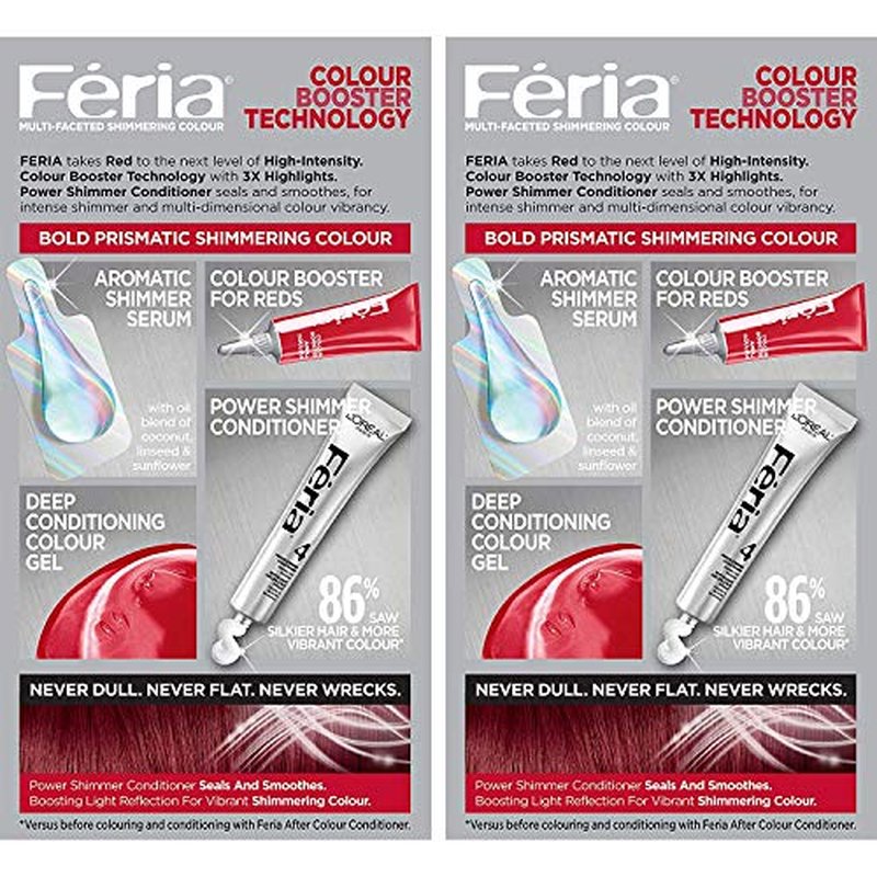 L'Oreal Paris Feria Multi-Faceted Shimmering Permanent Hair Color, R57 Intense Medium Auburn, Hair Dye Kit, Pack of 2