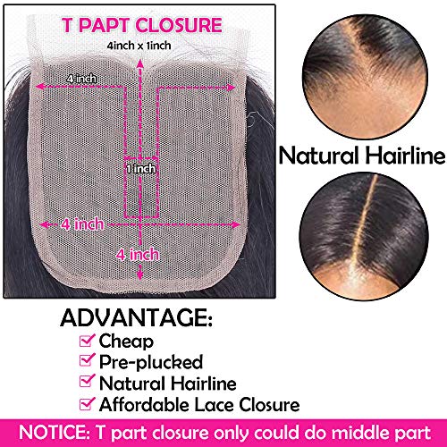 Brazilian Straight Hair Bundles with T Part Closure - 10 10 10 10+10 Inch, 4 Bundles Unprocessed Virgin Human Hair