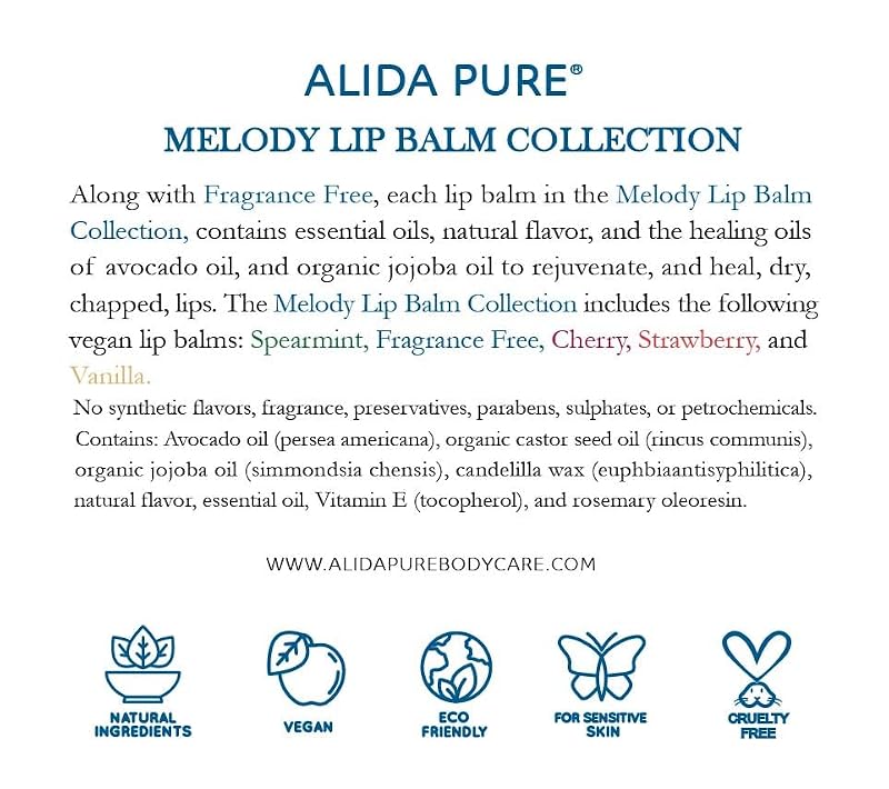 Vegan Lip Balm Set - Organic Jojoba & Avocado Oil, Melodies Assorted - 5 Tubes