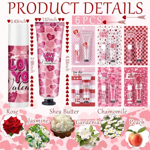 Valentine's Day Hand Cream & Lip Balm Gift Sets - 6 Mini Moisturizing Kits with Heart Design - Perfect for Galentine's Day, Teachers, Coworkers