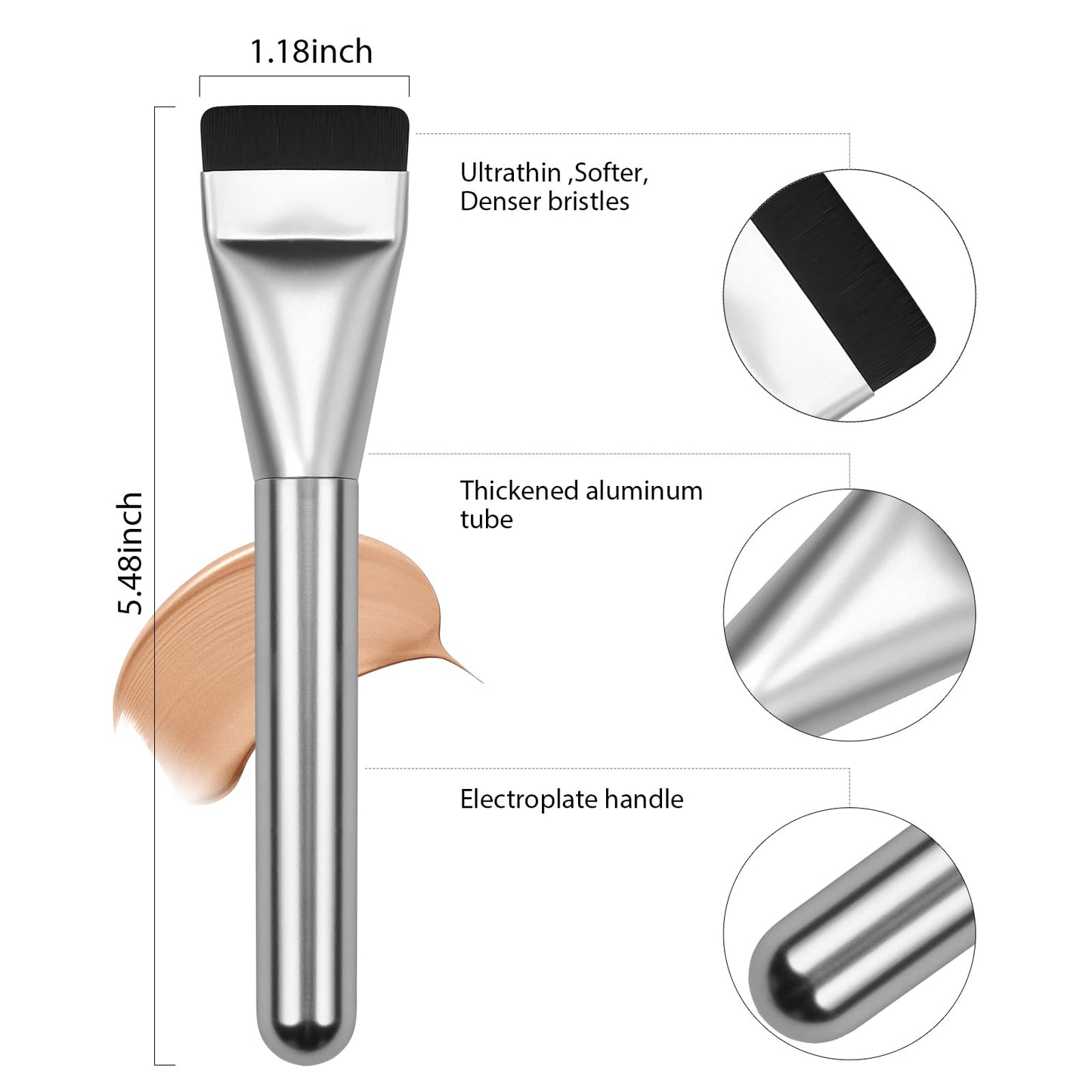 BEAUTYFACTOR Flat Foundation Brush,Korean Makeup Brush Spatula Facial Brush for Liquid Foundation,Premium Face Makeup Brush for Blending Cream (Silver)