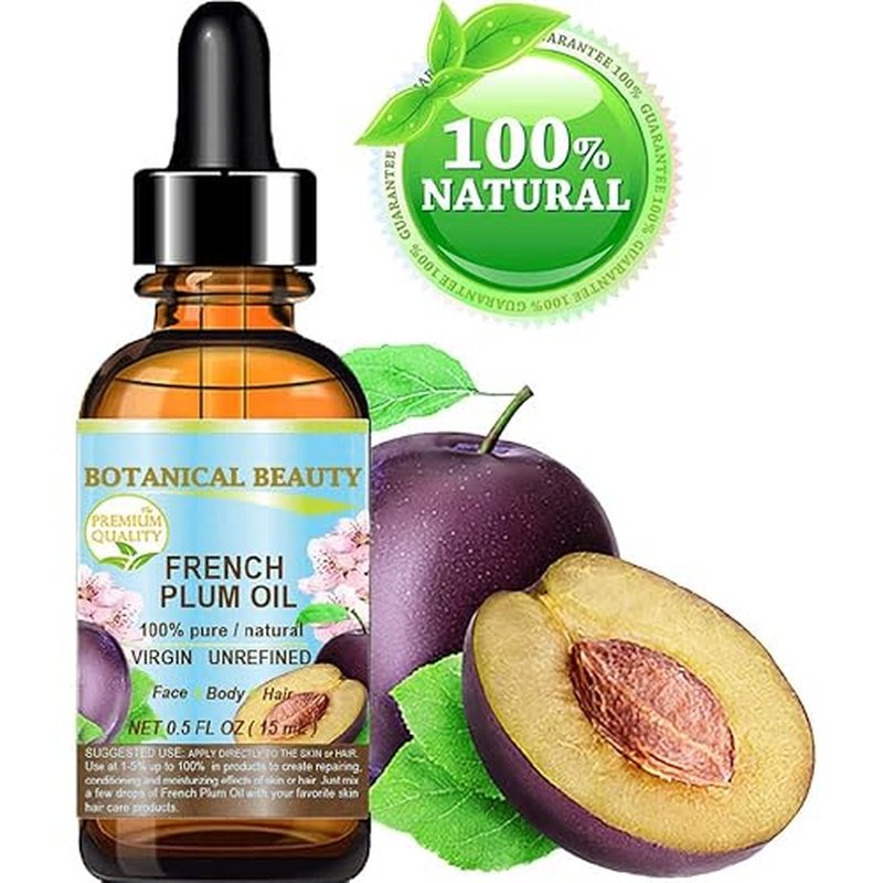 Botanical Beauty PLUM OIL French. 100% Pure Natural Virgin Unrefined Undiluted Cold Pressed Carrier Oil. For Face, Skin, Hair, Body, Lips, Nails (0.5 Fl.oz - 15 ml)