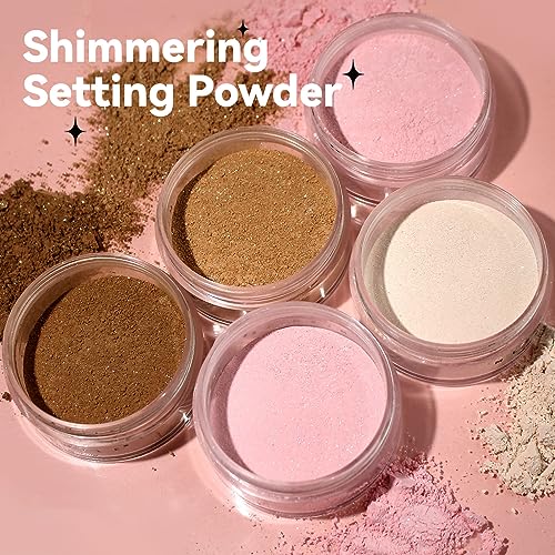 Pink Translucent Setting Powder, Shimmer Setting Powder Waterproof Oil Control Tone-up Face Powder Highlighter Makeup Finishing Long-Lasting Loose Shimmer Powder for All Skin Types