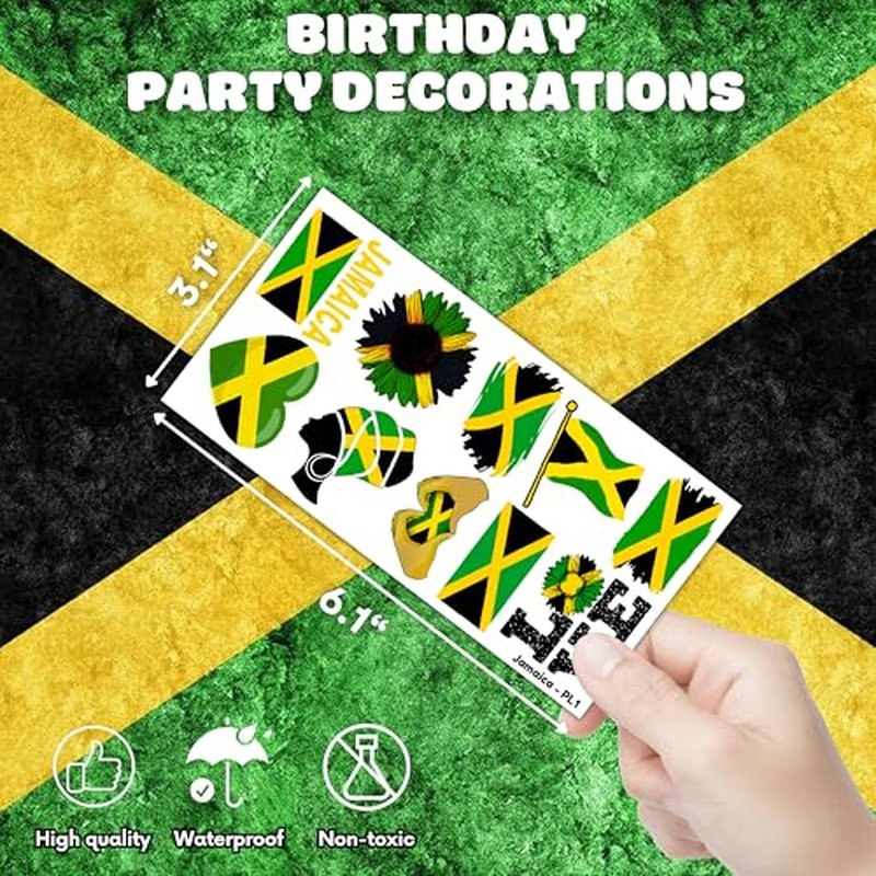 100 PCS Jamaica Flag Temporary Tattoos Themed Birthday Party Decorations Supplies Favors Decor Yellow Green Jamaican Palm Tree Tattoo Stickers Gifts For Game Kids Boys Girls Classroom School Prizes