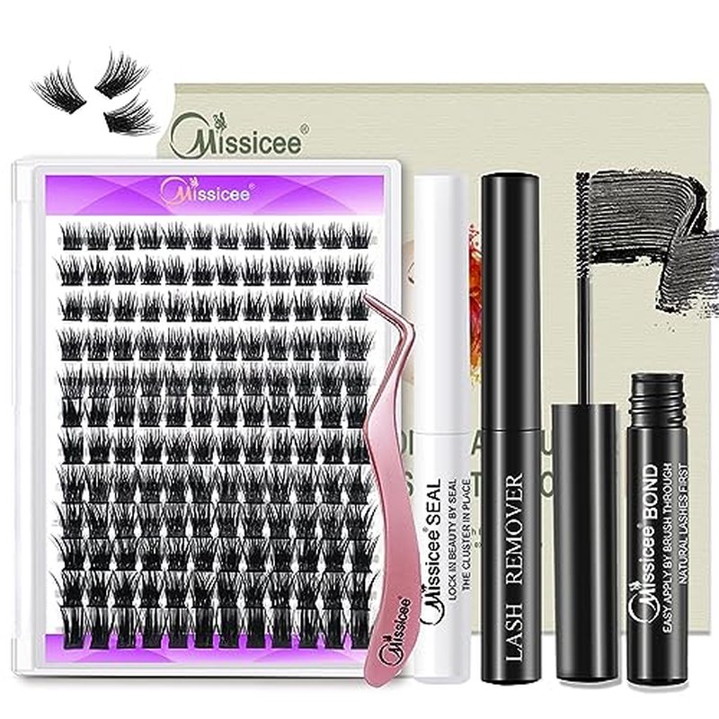 DIY Lash Extension Kit, Missicee Cluster Eyelash Extension Kit with Lash Bond & Seal, Applicator and Remover, 144 Pcs 0.10mm 56D 9-16mm Mixed Wide-stem Cluster Lash, Individual Lashes Kit at Home