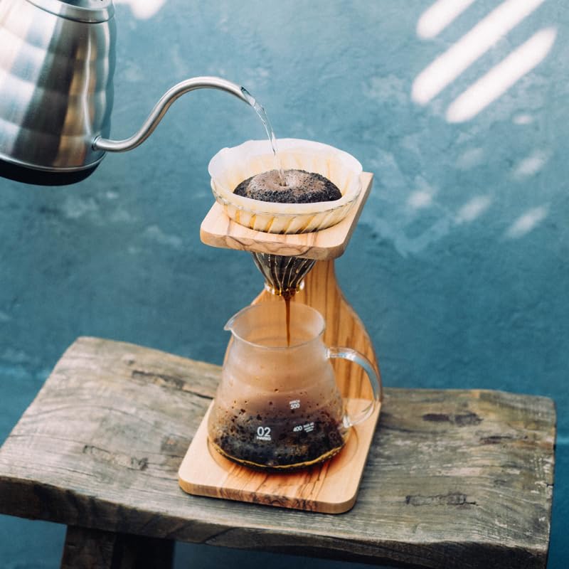 Hario V60 Olive Wood Pour Over Stand Set - 5 Component Coffee Brewer Kit with Filters