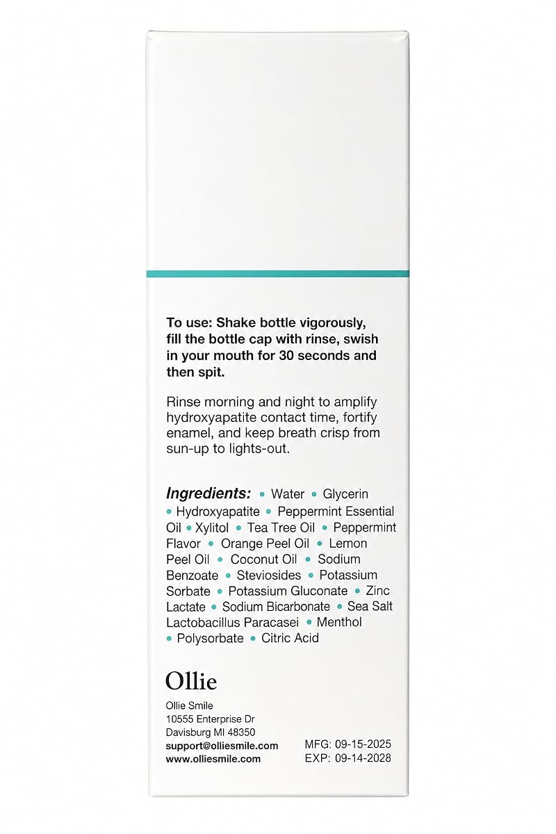 Ollie Arctic Mint Mouthwash 16 Fl Oz, 3% Nano Hydroxyapatite, Alcohol-Free