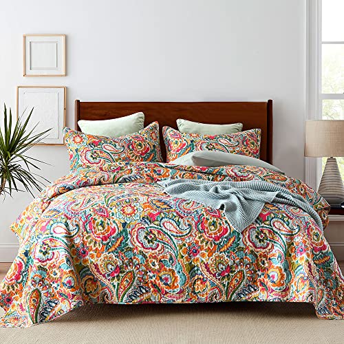 King Size Reversible Cotton Quilt Set with Floral Paisley Pattern - Yellow & Red Variation