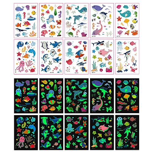 Luminous Temporary Tattoos for Kids - 130Pcs Marine Animal Glow Tattoos Stickers,Ocean Theme Glow In The Dark Tattoos for Boys and Girls,Face Makeup Fake Tattoo,Holiday Party Favors Gifts for child