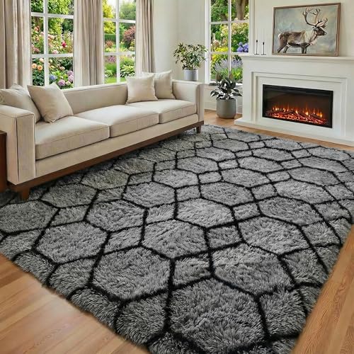 ONASAR 6x9 Grey and Black Geometric Area Rug - Ultra Soft Fluffy Modern Home Decor