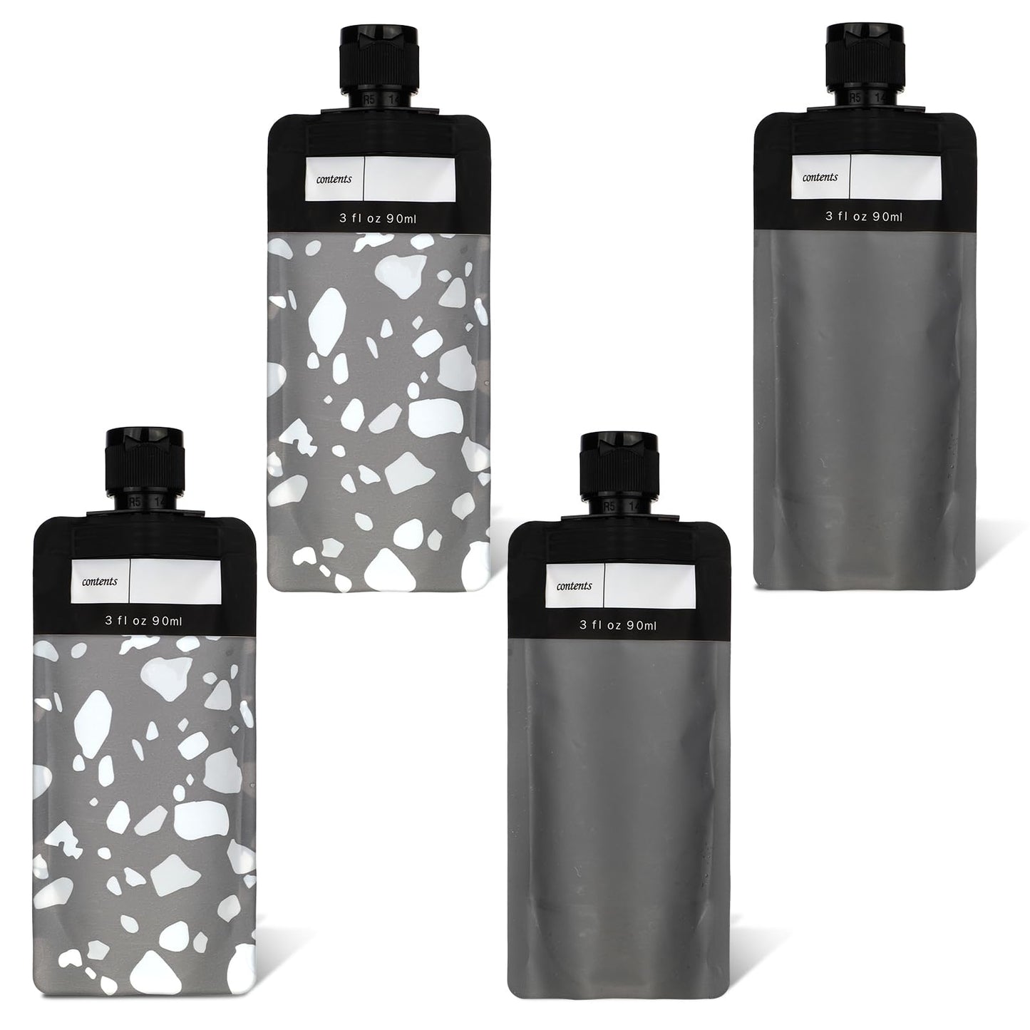4 PCS Travel Pouches for Toiletries, 3oz Leak Proof Empty Squeeze Pouches, Refillable Travel Containers, Portable Travel Fluid Makeup Packing Pouches for Shampoo Conditioner Lotion Body Wash, Style 4