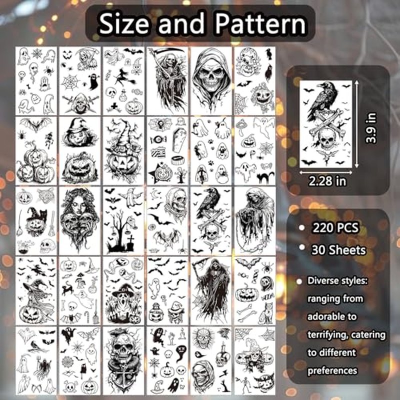30 Sheets Halloween Inspired Temporary Tattoos Stickers with Grim Reaper Ghosts Pumpkins Skeletons Bats for Halloween Party Cosplay and Horror-themed Party Makeup