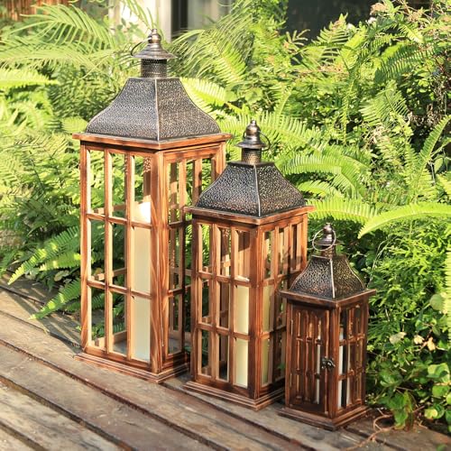 Rustic Farmhouse Wooden Metal Lantern Set of 3 - 27, 22 & 15 Inches - Brown
