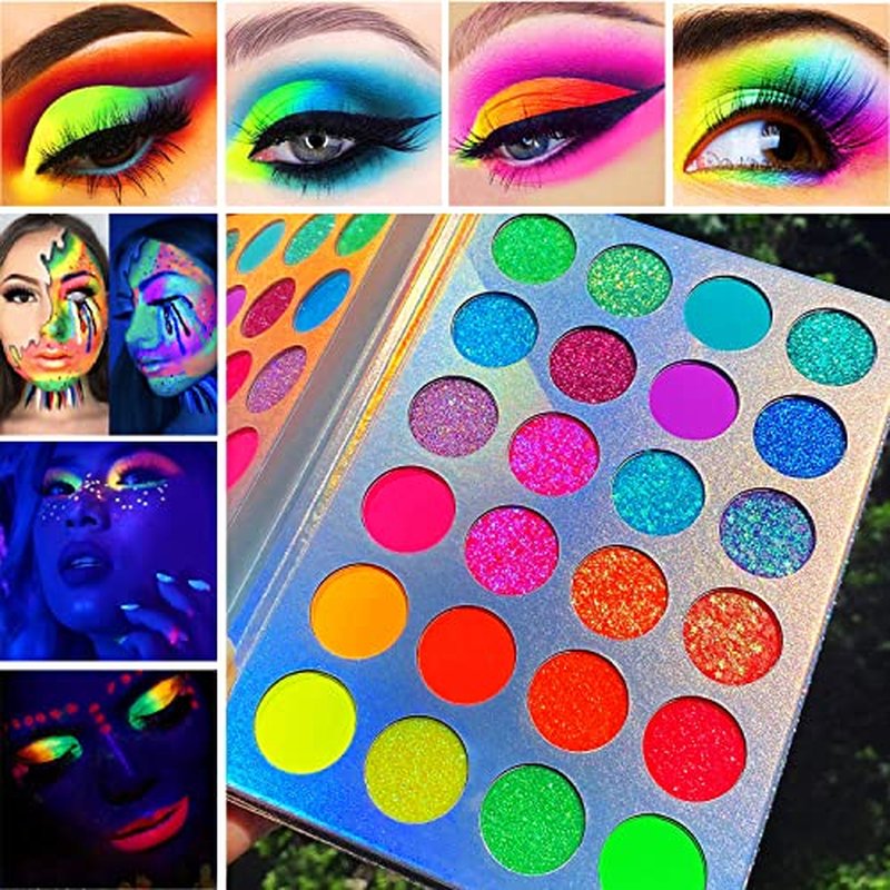 Afflano Neon Makeup Palette Eyeshadow, Glow in the Dark Colorful Eyeshadow Palette Highly Pigmented, Neon Party UV Blacklight Eye Shadow Pallet, Red Orange Pink Pressed Glitter Eyes Makeup Palette
