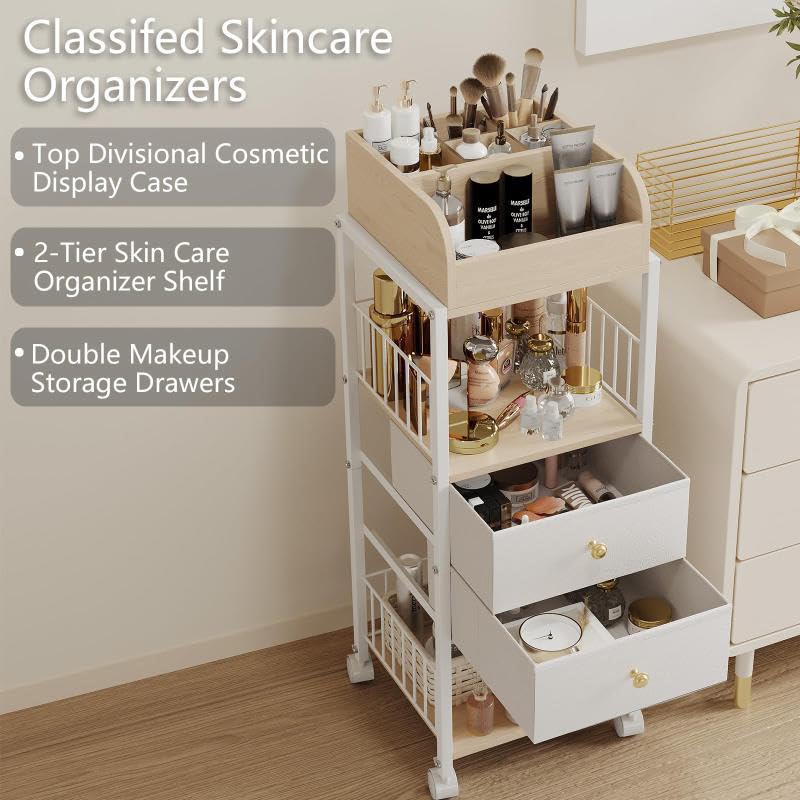 White Floor Makeup Organizer with Drawers and Rolling Casters - ZQUYAJ HZG2402