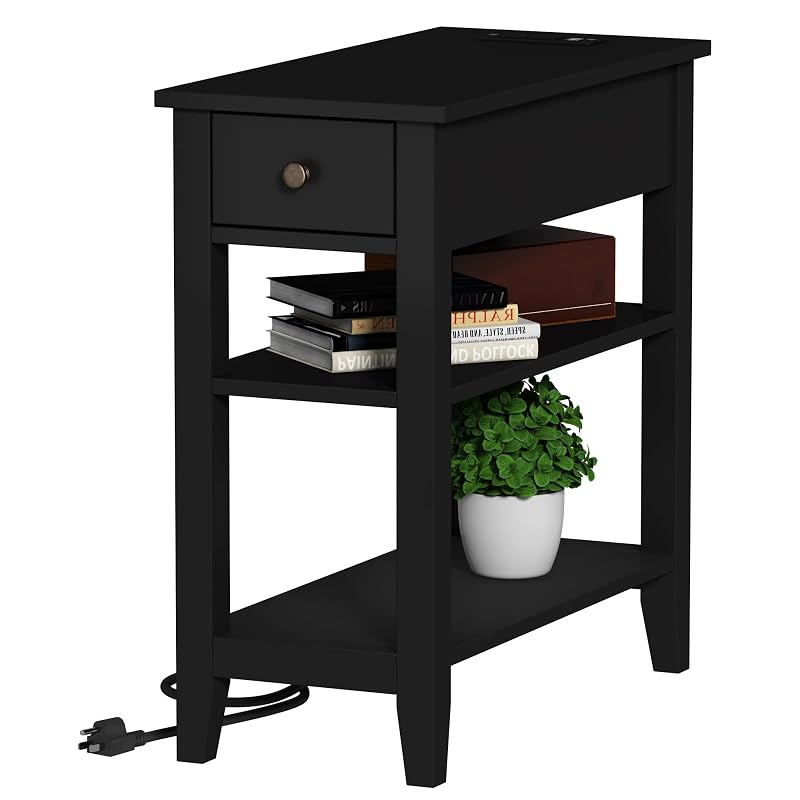 ChooChoo Narrow End Table with Charging Station and Hidden Drawer - Black