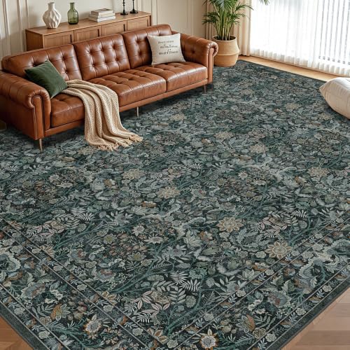 Vintage Botanical Area Rug 9x12 Dark Green Non-Slip Floral Carpet for Living Room