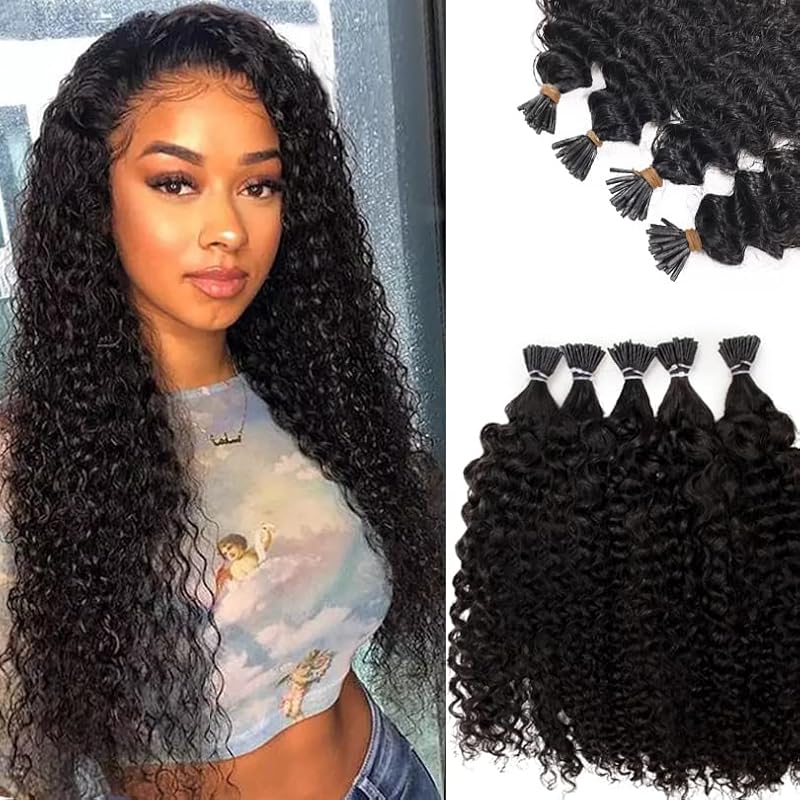 Smartinnov 20 Inch Kinky Curly I Tip Hair Extensions for Black Women Cold Fusion Virgin Human Hair - Model #1B-KC