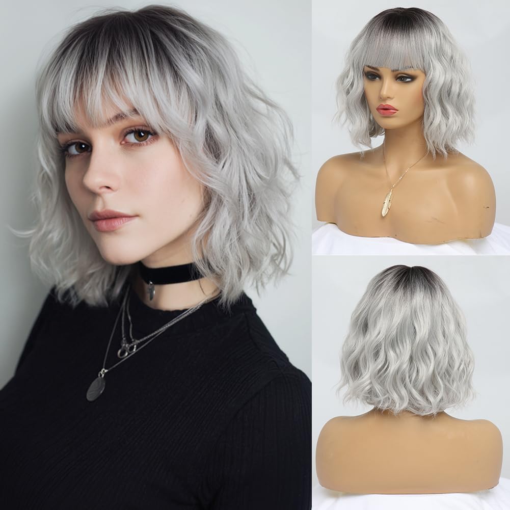 EssionTech Short Silver Wigs for Women Ombre Grey Wavy Bob Wig with Bangs Medium Length Synthetic Hair Water Wave Dark Roots Wig Gray Colorful Wigs（14 Inches）