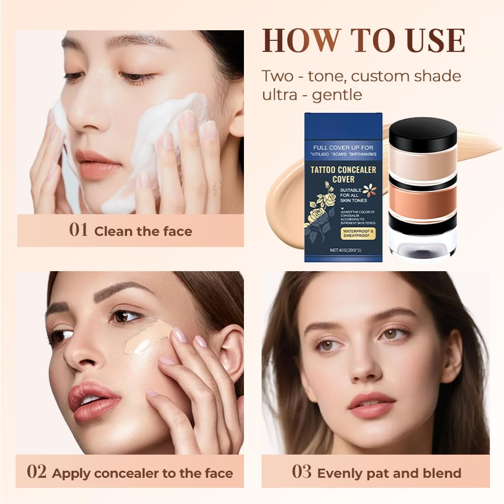 Tattoo Cover Up Makeup Waterproof, 2025 New 2 Colors Full Coverage Concealer for Tattoos, Tattoo Concealer Makeup Full Coverage Concealing Cream, Scars & Dark Spots, Sweatproof (3 pcs)