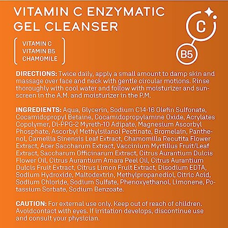 DCL Skincare Vitamin C Enzymatic Gel Cleanser with Sugar Fruit Enzymes & Vitamins C/B5, 8.0 Fl oz