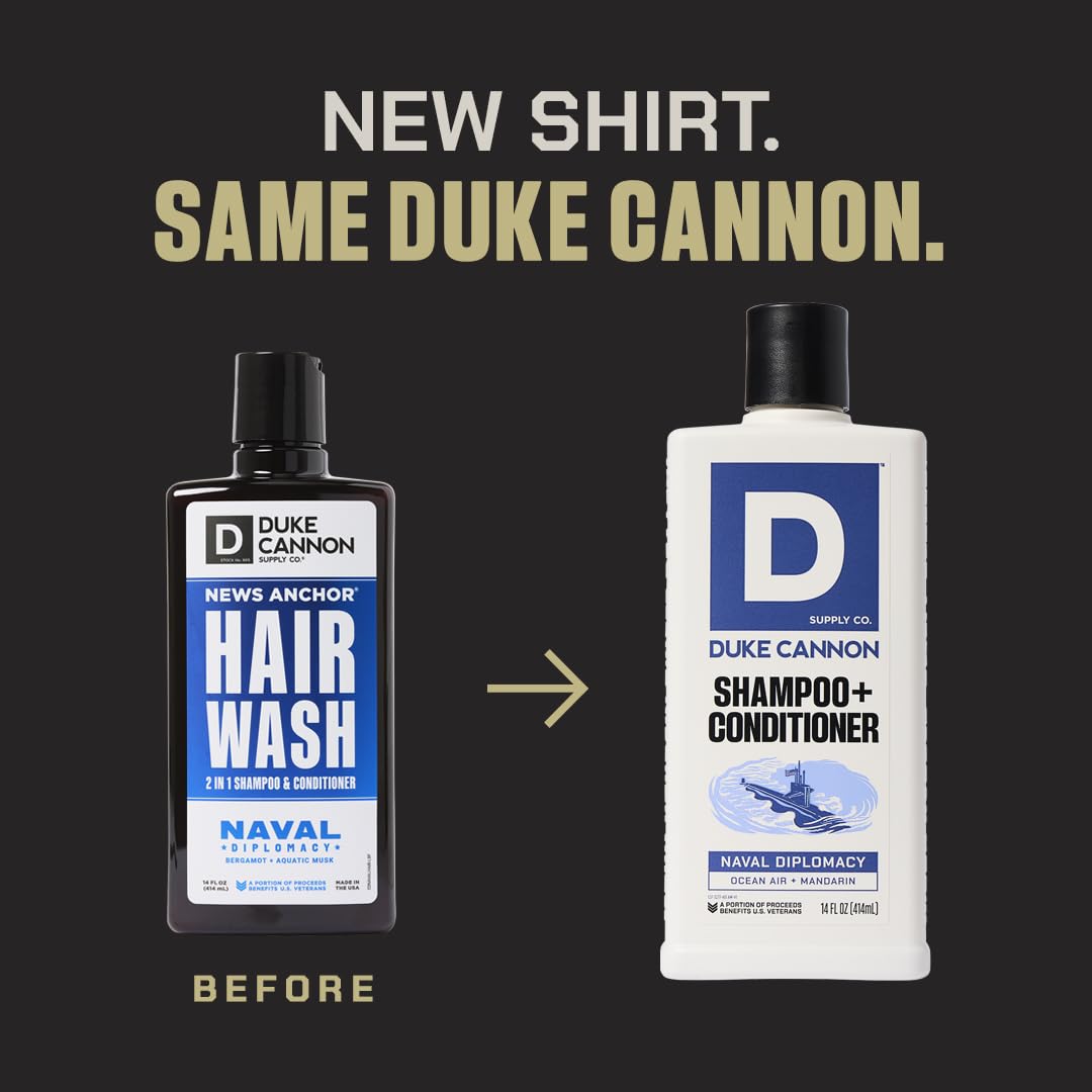 Duke Cannon Supply Co. 2-in-1 Hair Wash - Masculine Scent - Gentle Cleansing Hair Wash For Men - Stimulating Hair Shampoo & Conditioner - Strengthens Hair - Naval Diplomacy - 2 Pack (14 oz)