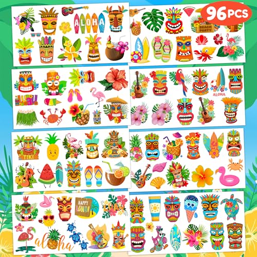 Luau Temporary Tattoos 8 Sheets 99 PCS Hawaiian Party Decorations Favors Supplies Summer Tropical Theme Birthday Cute Stickers Christmas Gifts for Boys Girls Class School Prizes Carnival