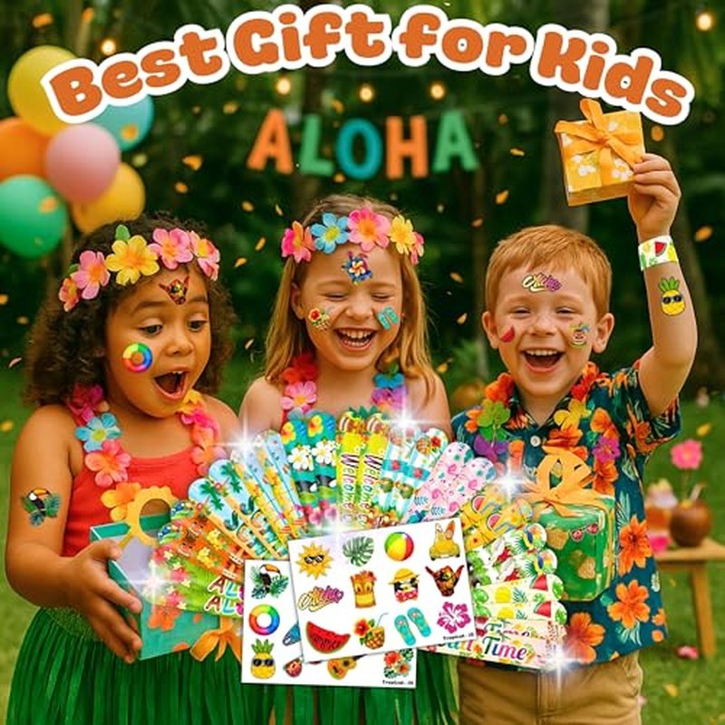 48PCS Hawaiian Party Set - 24PCS Temporary Tattoos & 24PCS Slap Bracelets - Summer-Themed Birthday Supplies, Baby Shower Gifts, Classroom Rewards & Party Decor for Kids (Boys & Girls)