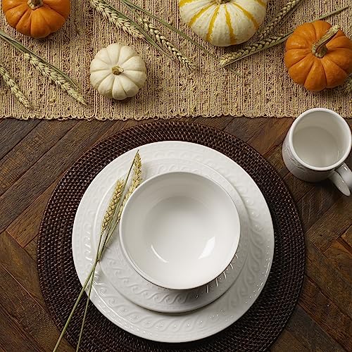 White Porcelain Dinnerware Set for 8 - 32 Pieces with Embossed Scrollwork