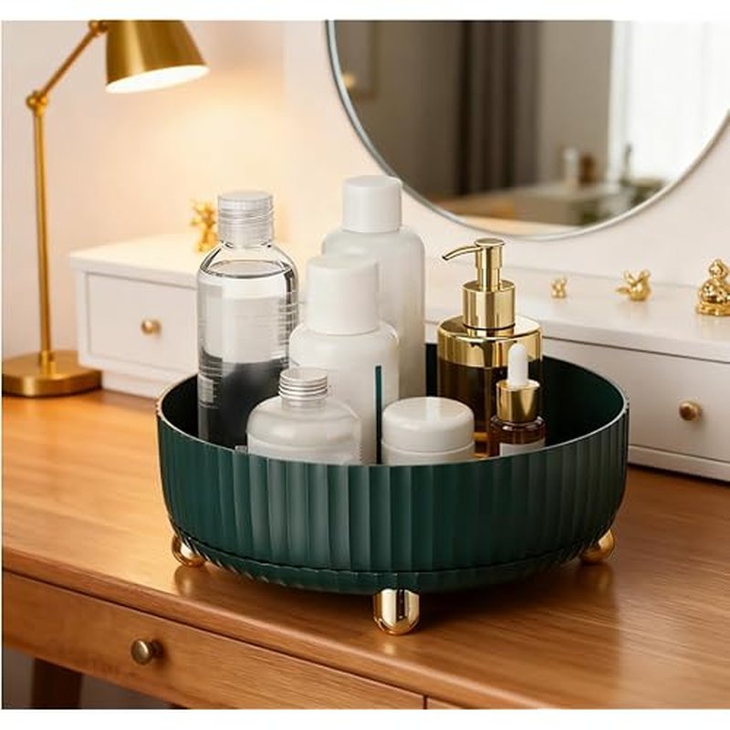 360¡ÆRotating Organizer,Lazy Cosmetic Perfume Storage Organizer,Large-Capacity Round Display Box,Suitable for Bathroom Countertops,Dressers (Peacock Green)