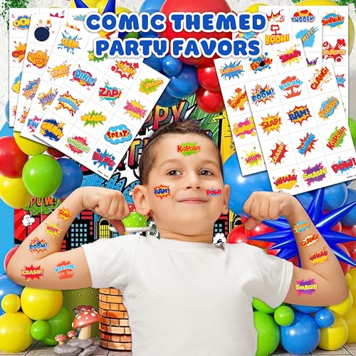 96 PCS Comic Pre-Cut Temporary Tattoos for Kids | Super Cute Pow Wow Boom Zap Themed Birthday Party Favors, Supplies, Decorations, Fake Tattoo Stickers, School Rewards Gifts for Boys & Girls