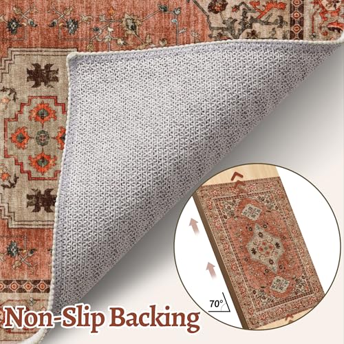 6' x 9' Washable Boho Area Rug with Non-Slip Backing - Terracotta/Tan