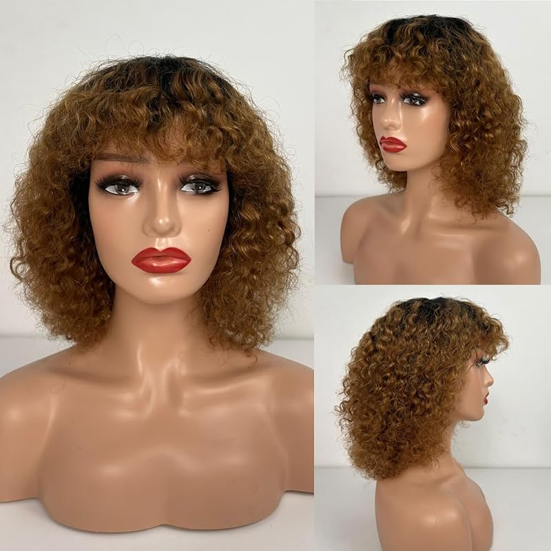 Ombre Short Curly Human Hair Wig with Bangs - Glueless, Brushable 100% Brazilian Hair (T1B/30#) - For Black Women
