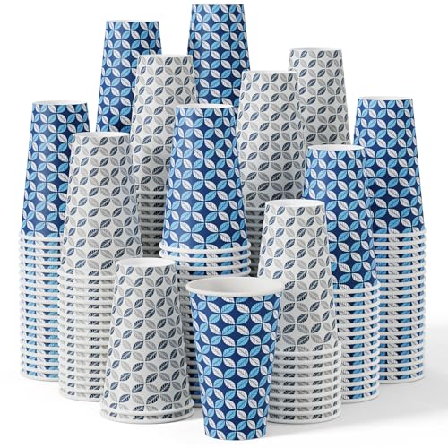 JOLLY CHEF 1000 Pack 16 oz Paper Coffee Cups - Blue & Grey Leaf Design
