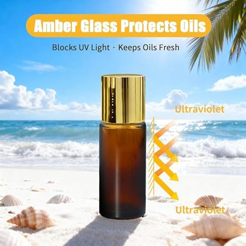 5 in 1 Roller Bottles for Essential Oils, 50ml Refillable Amber Glass Roll On Bottles with Natural Crystal Roller Balls, Leak-Proof Travel Perfume Bottle with Gold Caps